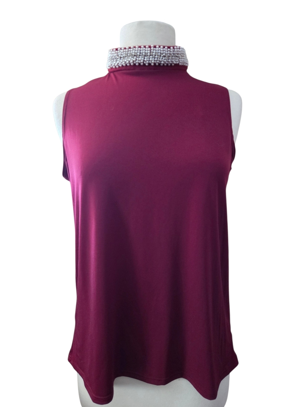 Discreet Sleeveless Mock Neck Beaded Collar Top - Burgundy